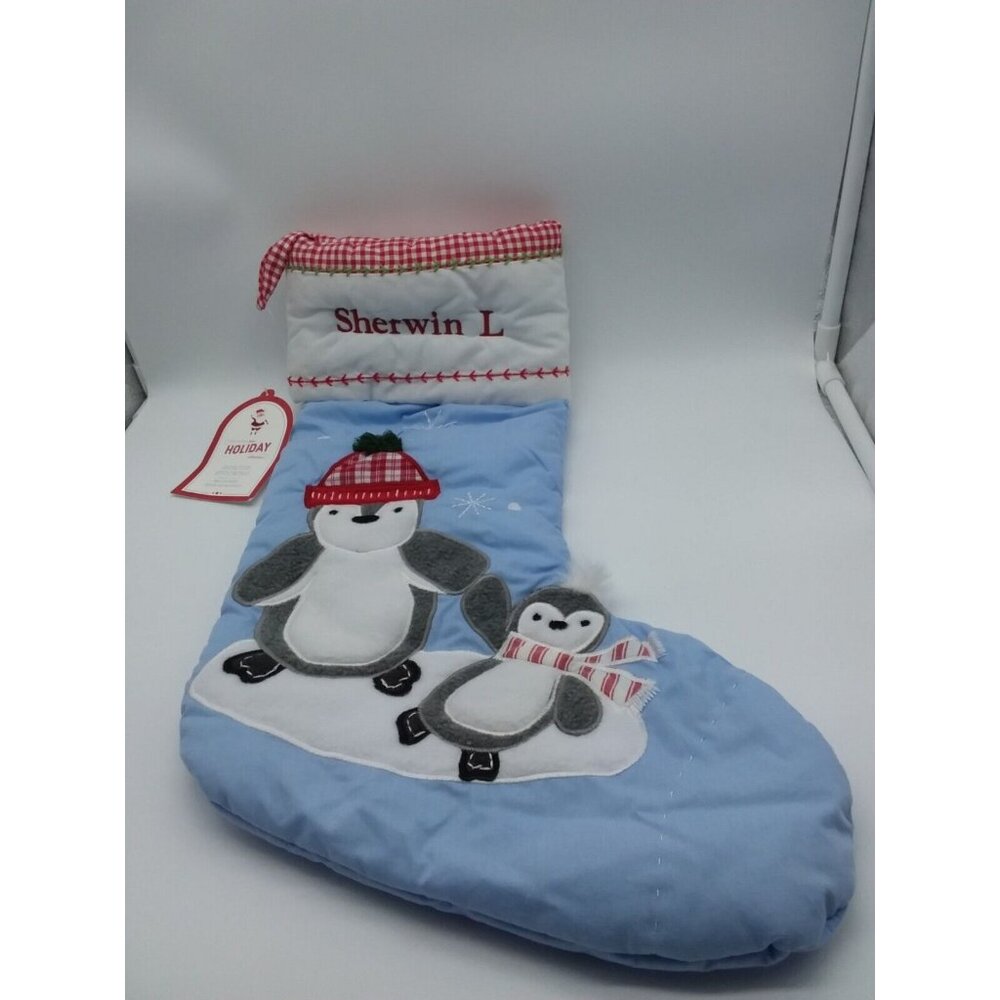 Pottery Barn Kids Sherwin L Penguins Quilted Stocking Christmas Holiday Blue